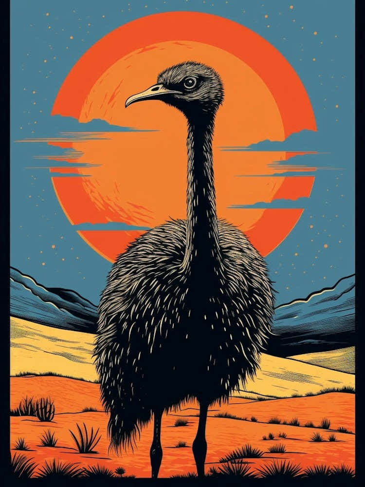 Vintage Bird Linocut Ostrich 1
