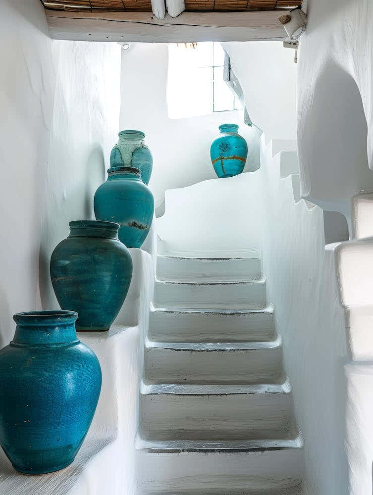 Blue Vases On Stairs