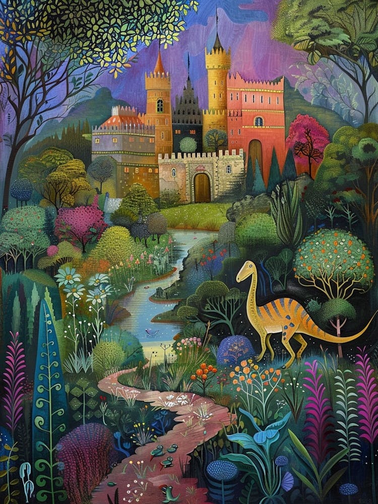 Dinosaur In The Castle Garden Painting 3