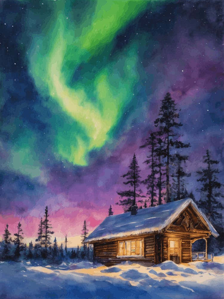 The Northern Lights - Aurora Borealis Rainbow Winter Snow Scene of Lapland Iceland Finland Norway Sweden Forest Lake Watercolor Beautiful Celestial Artwork for Home Gallery Wall Magical Etheral Dreamy Traditional Christmas Greeting Card Painting of Heaven