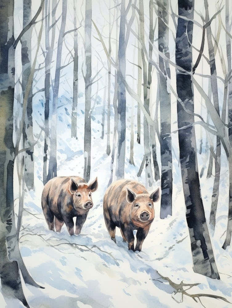 Winter Watercolour Wild Boar 1