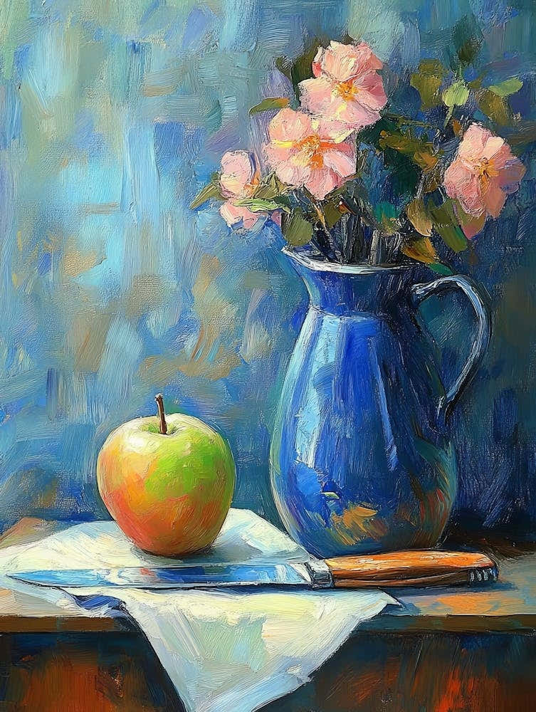 Blue Still Life With A Knife And An Apple 1