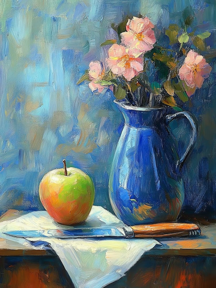 Blue Still Life With A Knife And An Apple 1