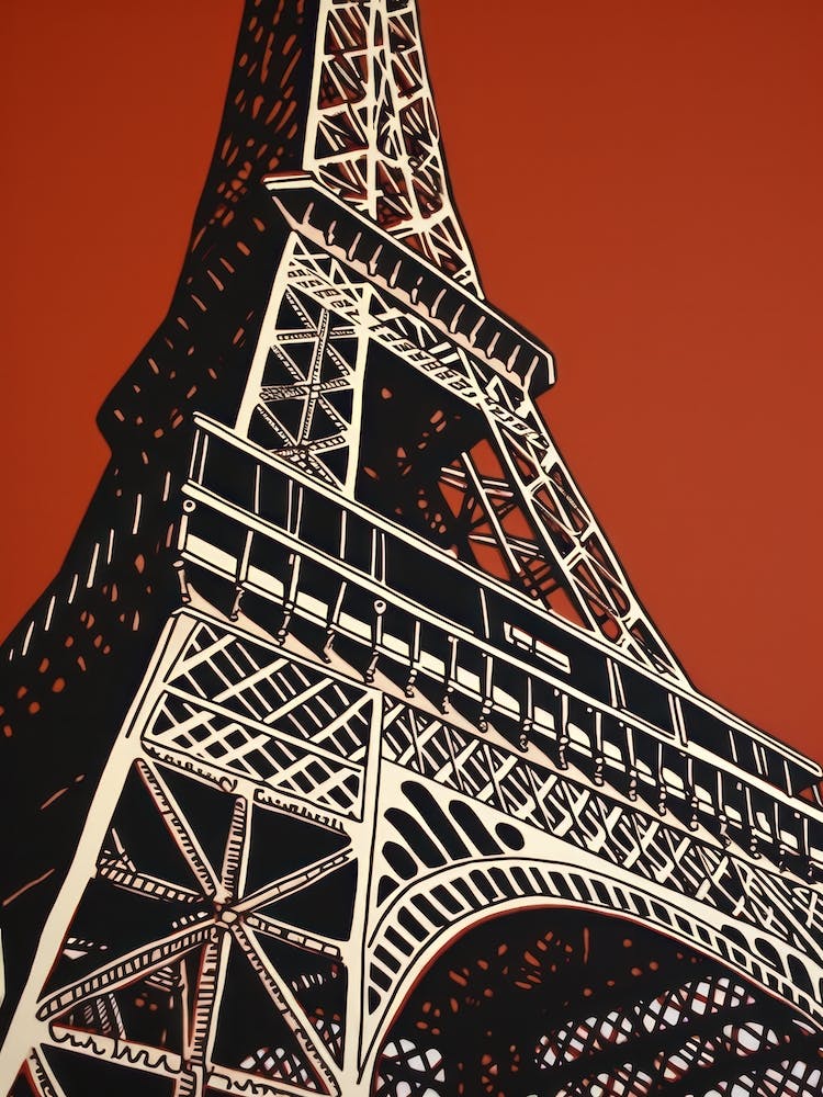 Eiffel Tower Paris France Linocut Illustration Style 2