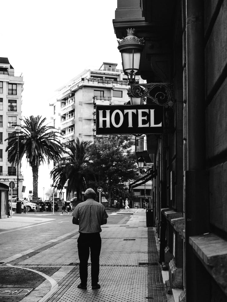 St Sebastian Street Hotel Black And White Print