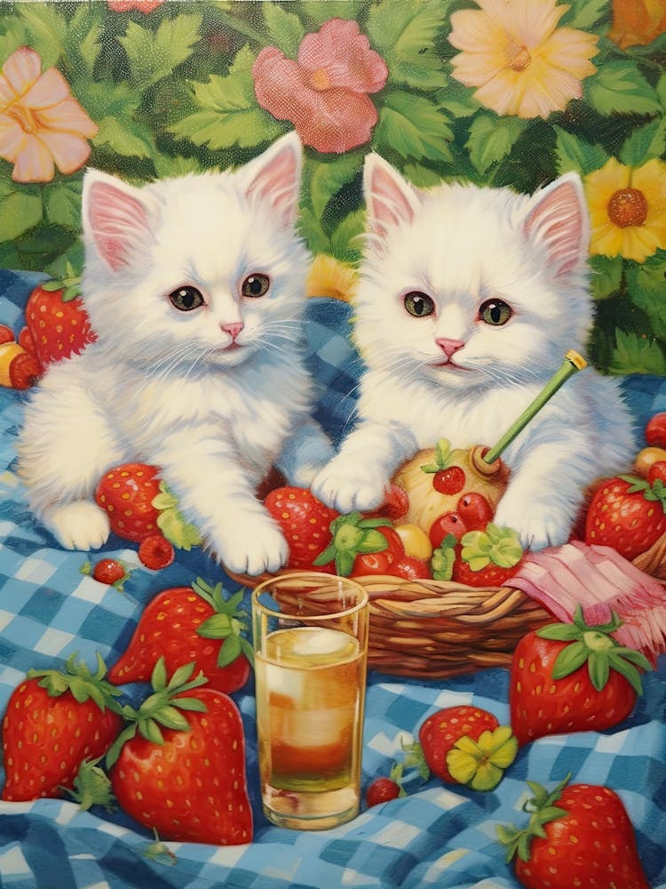 White Cats Picnic Illustration Kitsch 4
