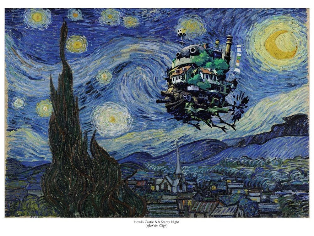 Howl's Castle In The Starry Night - Studio Ghibli - Van Gogh Mashup