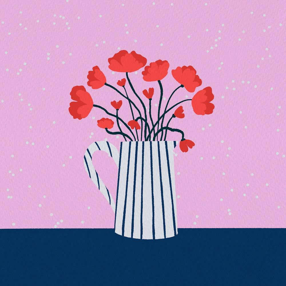 Red poppies - pink and blue