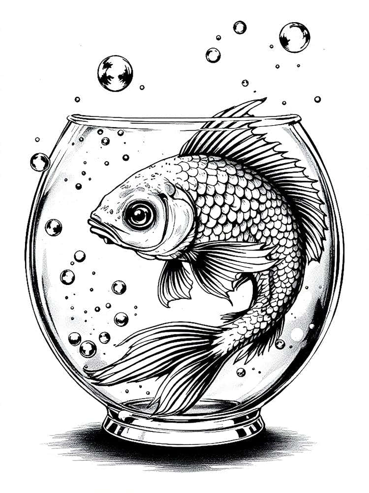 A Vintage Style Illustration Of A Fish Swimming Gracefully In A Bowl, Surrounded By Bubbles