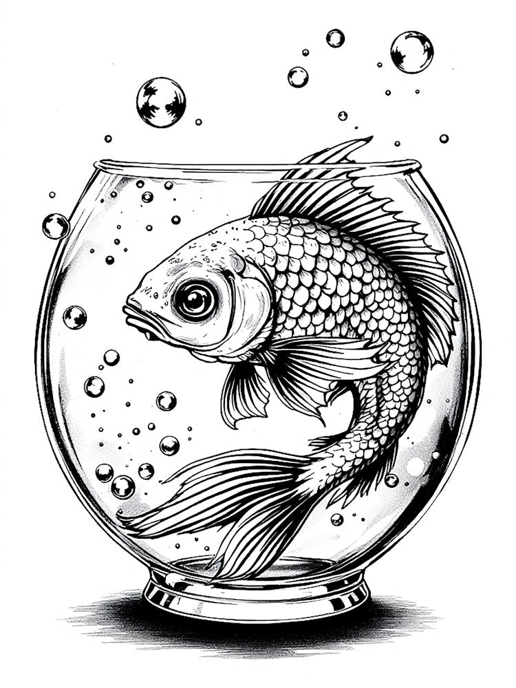 A Vintage Style Illustration Of A Fish Swimming Gracefully In A Bowl, Surrounded By Bubbles