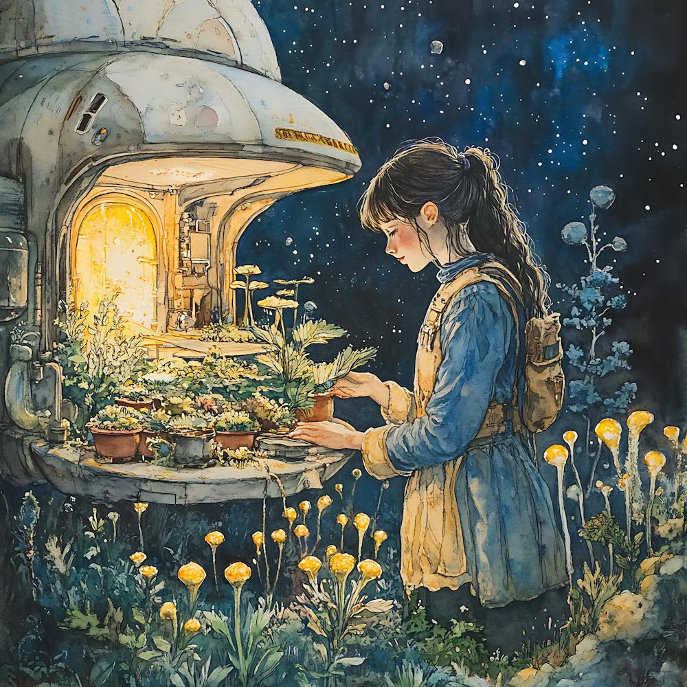 Girl In A Garden Alien Gardener Watercolor Painting