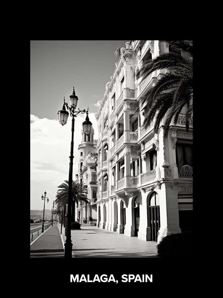 Poster Of Malaga, Spain, Mediterranean Black And White Photography Analogue 4