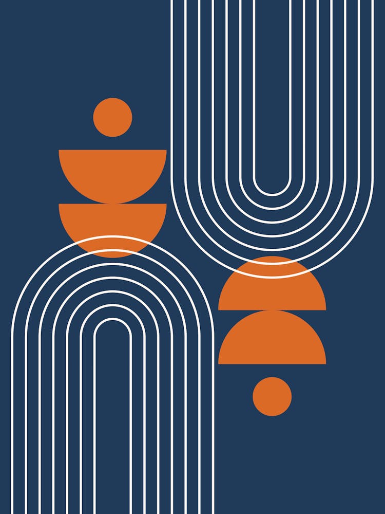 Mid Century Modern Geometric Abstract Rainbow Sun Moon Phases in Navy Blue Burnt Orange