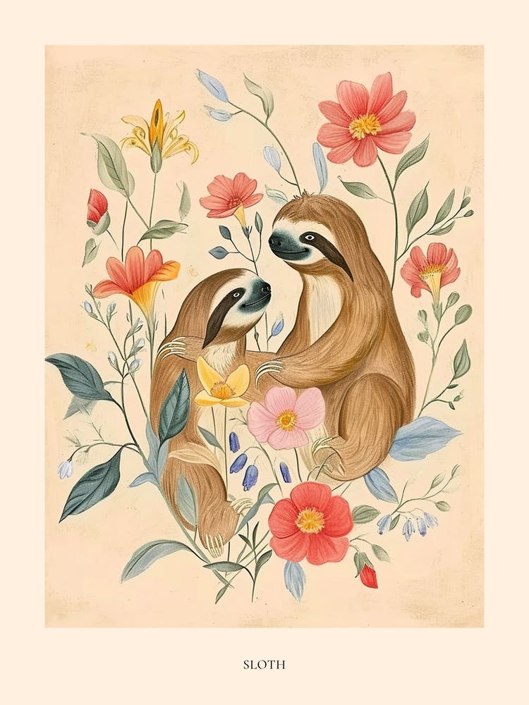 Folksy Floral Animal Drawing Sloth 3 Poster