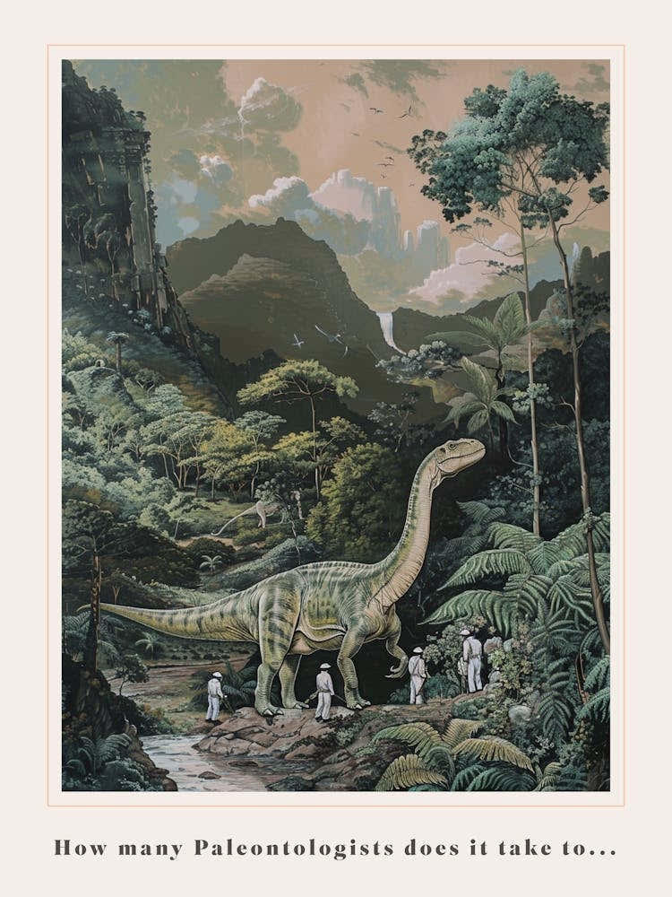 Paleontologists Observing A Dinosaur In The Jungle Painting Poster