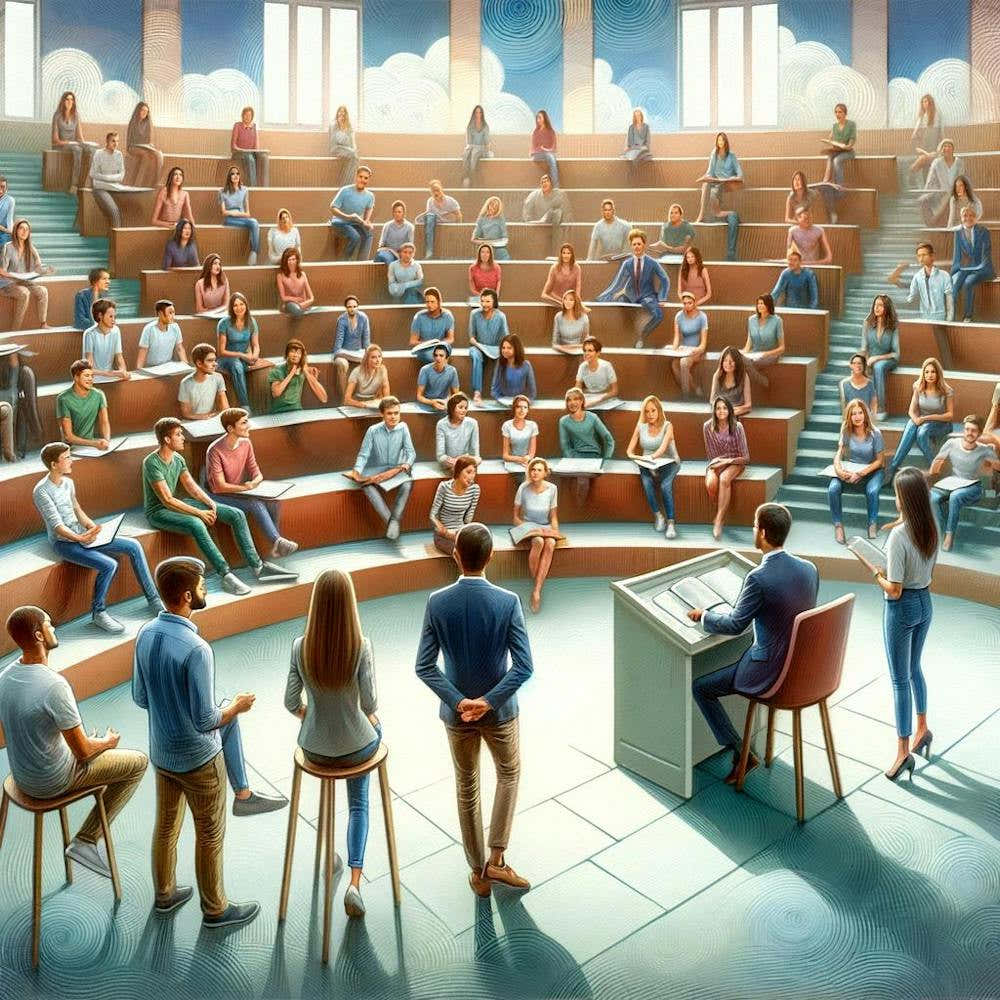 Debate In Action Wall Print Art An Energetic And Inspiring Depiction Of Academic Discourse, Perfect For Highlighting The Spirit Of Intellectual Engagement In Any University Space