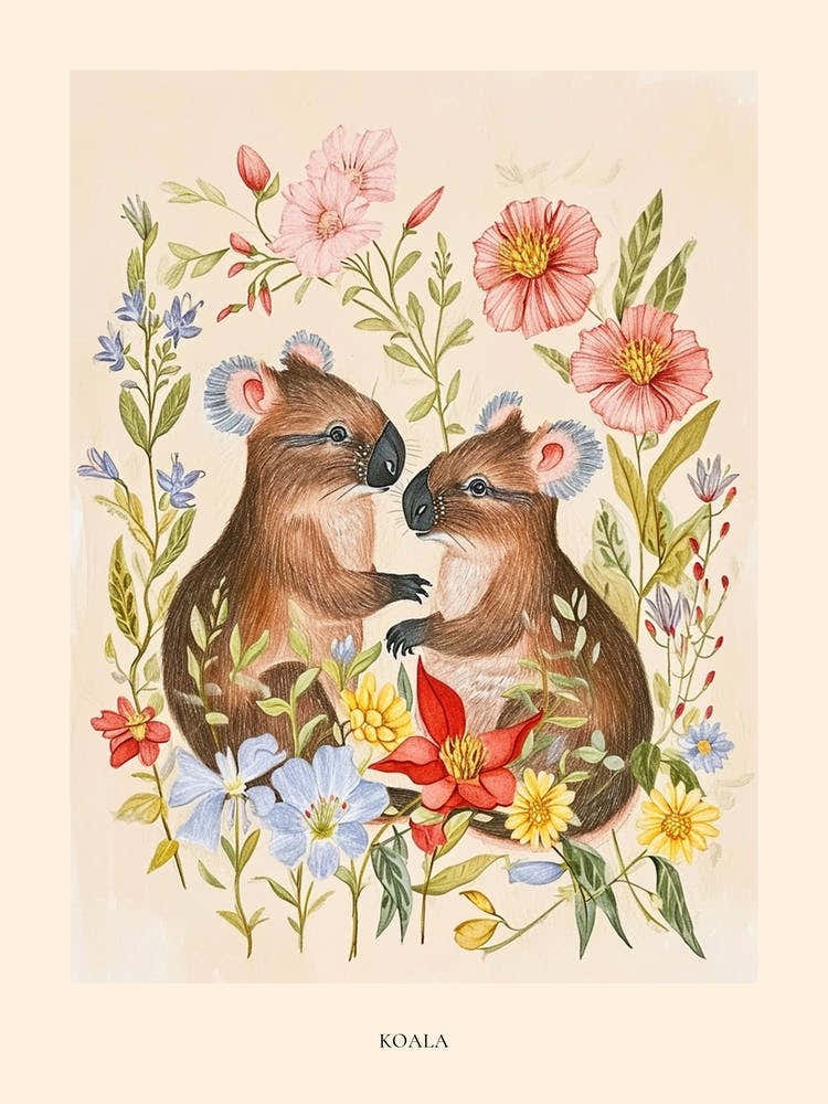 Folksy Floral Animal Drawing Koala 2 Poster