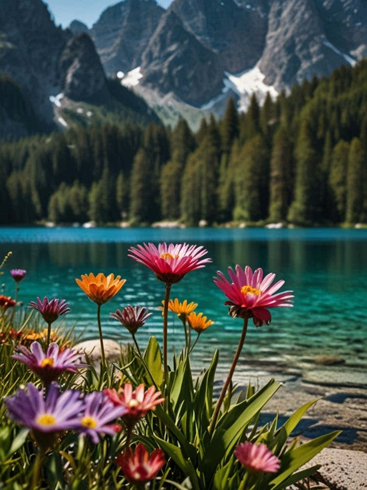 Dolomite Lake With Flowers