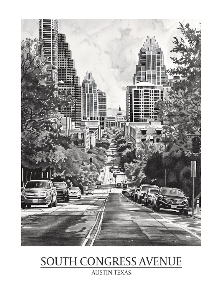 South Congress Avenue Austin Texas Black And White Drawing 1 Poster