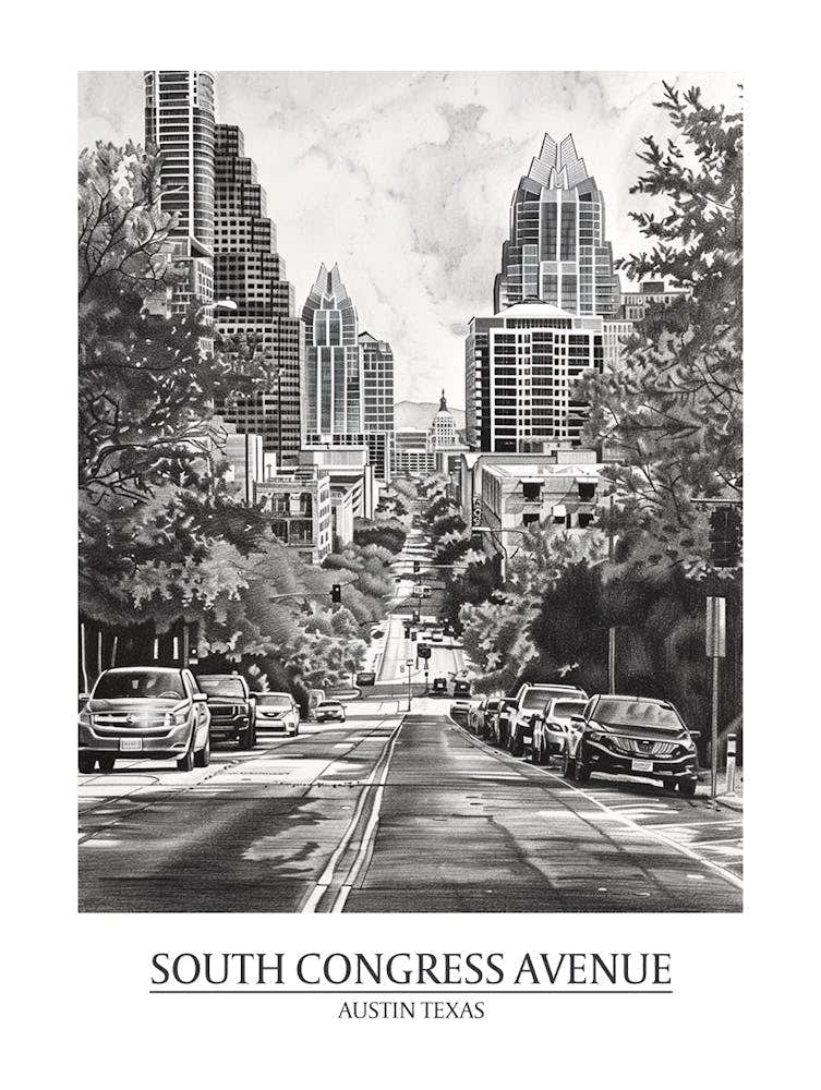 South Congress Avenue Austin Texas Black And White Drawing 1 Poster