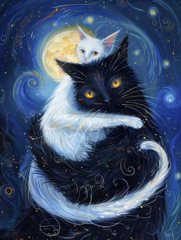 Black Cat And White Cat Painting