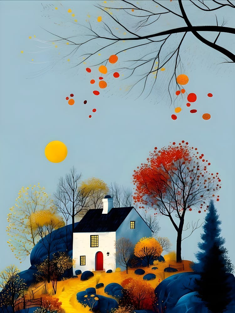 Cozy Autumn Cottage Whimsical Fall Landscape Illustration 1