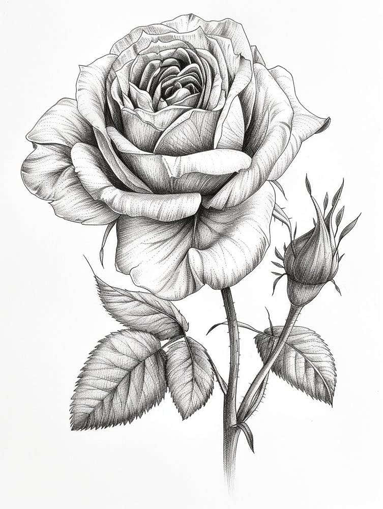 English Rose Black And White Line Drawing 8