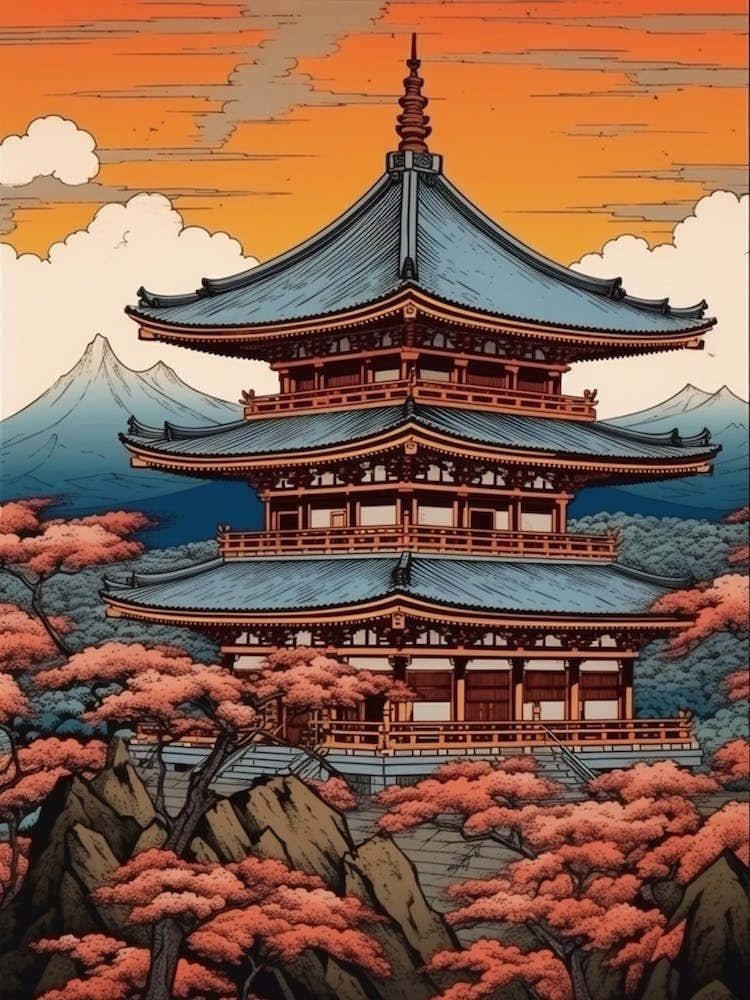 Yamadera Temple, Japan Vintage Travel Art 2