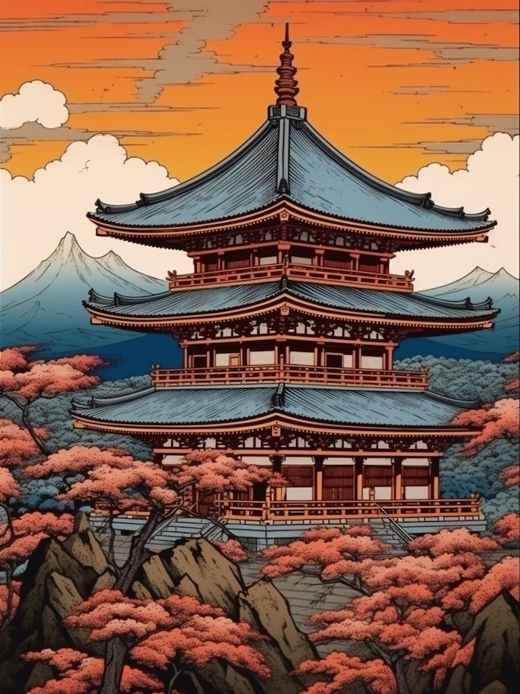 Yamadera Temple, Japan Vintage Travel Art 2