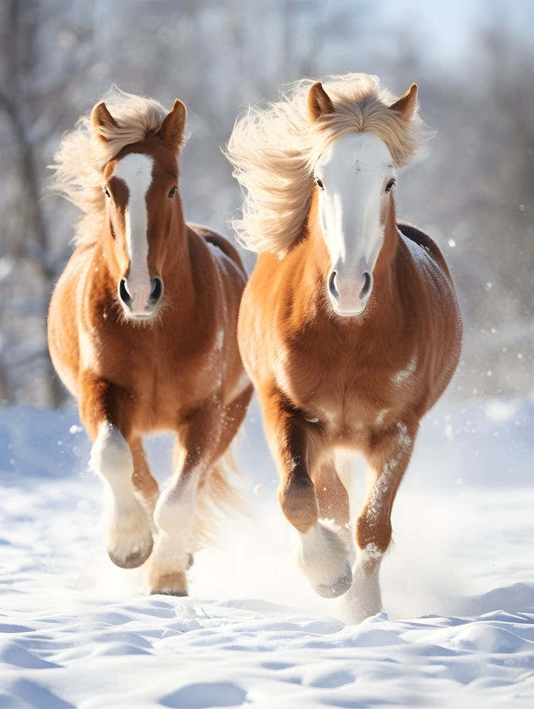 Two Horses Running In The Snow