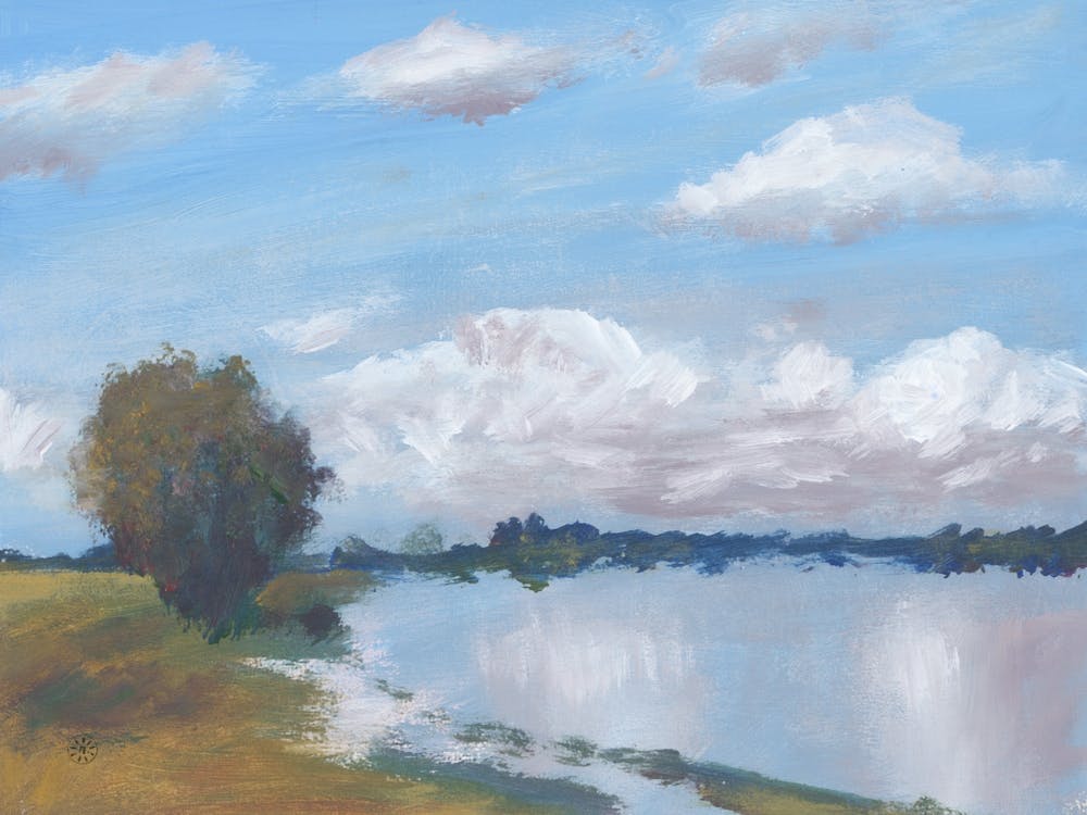 Summer Day By The Lake - figurative academic impressionism landscape clouds sky nature water
