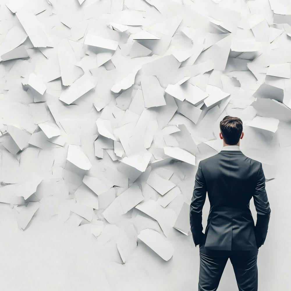 Businessman Standing In Front Of Paper Wall