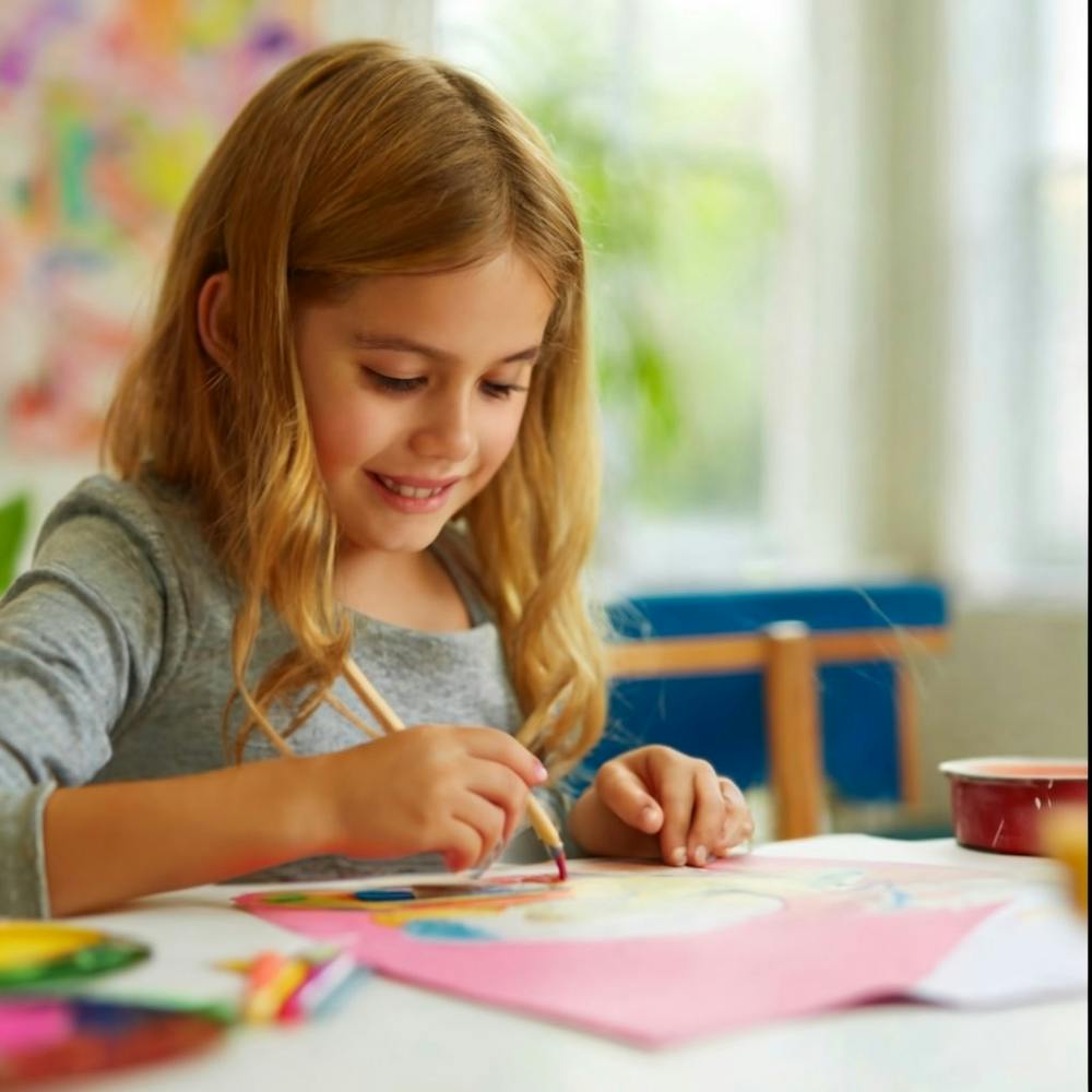 A charming series of children engaged in creative activities like drawing, painting, and crafting in a well-lit and cheerful setting, conveying the joy of artistic expression and imaginative play. These images are often in demand for educational materials, children's books, and family-related projects