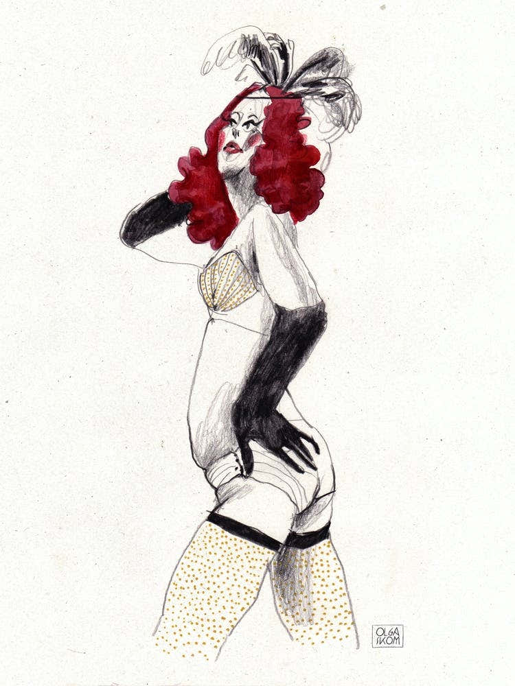 Hand pencil drawing of beautiful burlesque woman