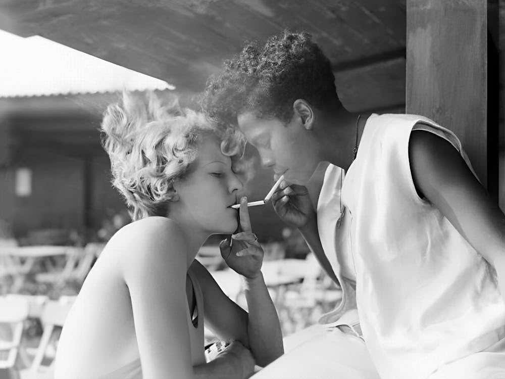 Two Women Smoking A Cigarette, Lesbian Art, LGBTQ Art, Vintage Black and White Old Photo