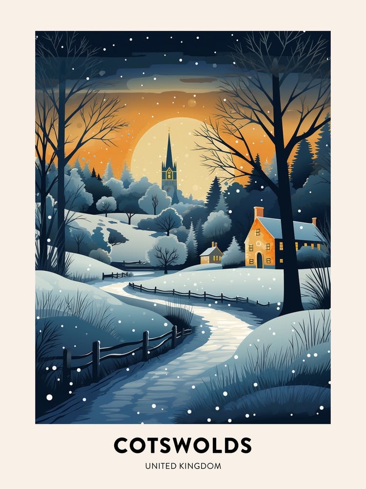 Winter Night  Travel Poster Cotswolds United Kingdom 1
