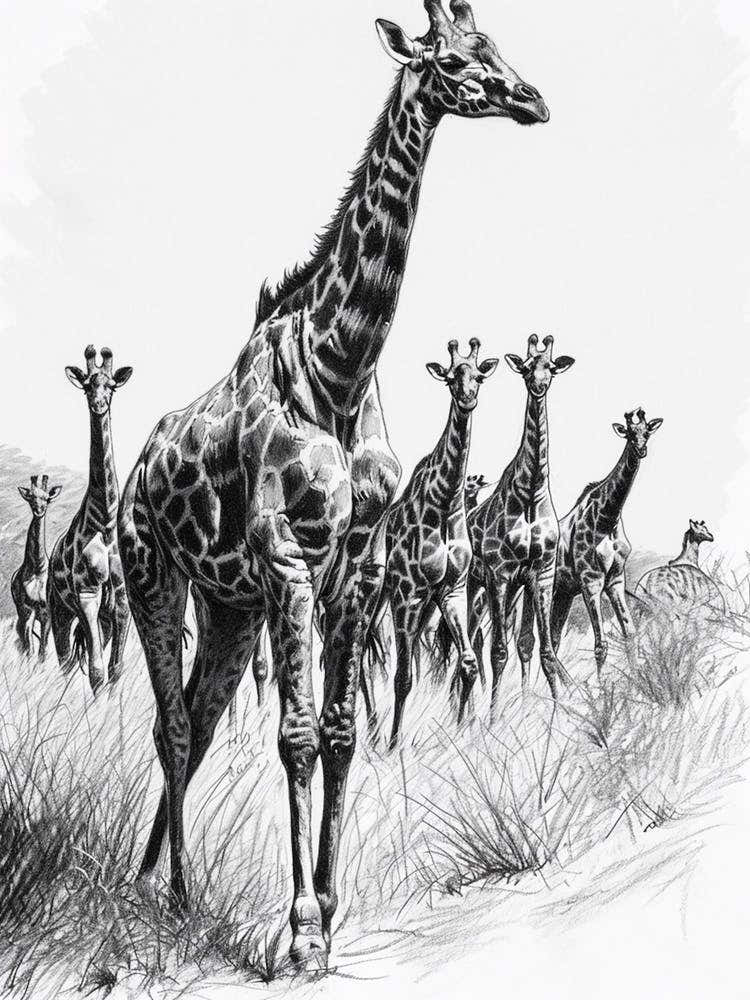 Herd Of Giraffes In The Grass Pencil Drawing 2