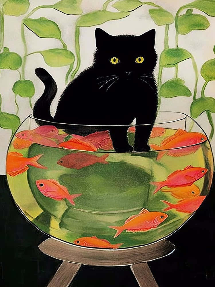 A Fluffy Black Cat And Goldfish In A Bowl Illustration Matisse Style