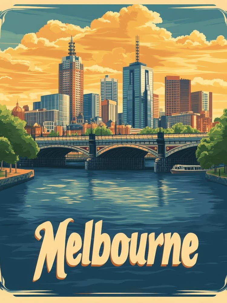 Aihrgdesign A Retro Travel Poster For Melbourne Featuring The 87db6ec1 22e8 49a5 882f Bc5179939180 1