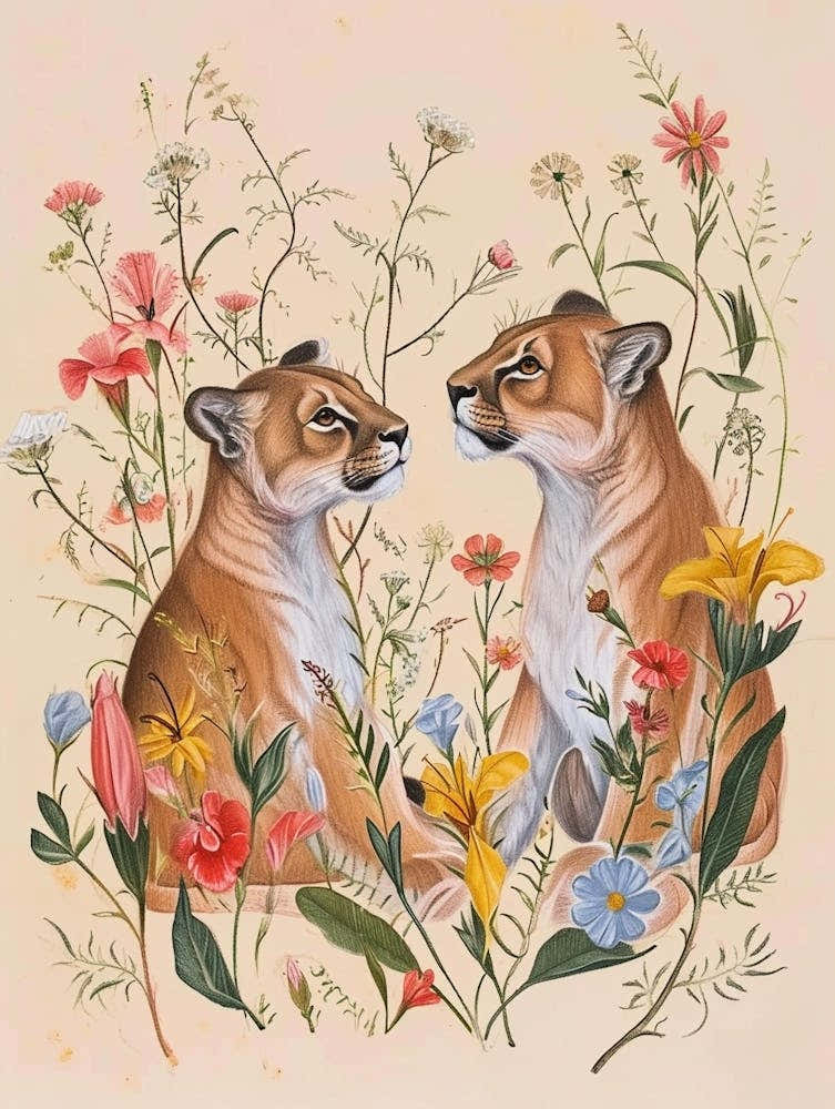Folksy Floral Animal Drawing Cougar 2
