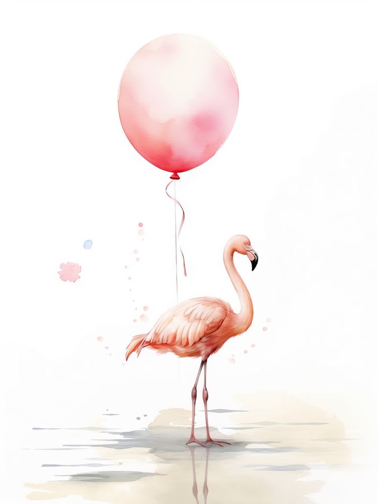 Baby Flamingo Flying With Ballons, Watercolour Nursery Art 2