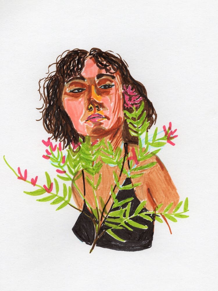 Graphic Portrait Lady With Flowers