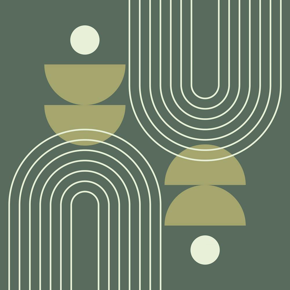 Mid Century Modern Geometric Abstract Rainbow, Sun and Moon Phases in Greenery Sage Green