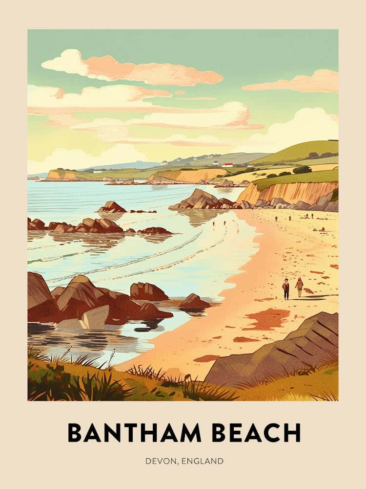 Devon Vintage Travel Poster Bantham Beach 2