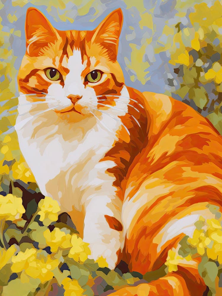 Big Ginger Cat Botanical Oil Painting