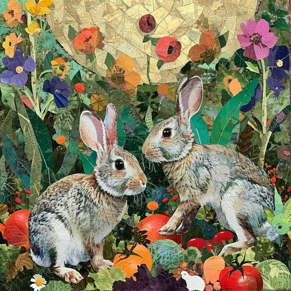 Patchwork Collage Of Bunnies In The Vegetable Field