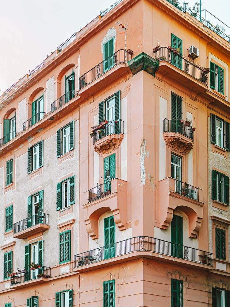 Pink Building With Green Shutters in Napoli, Italy | Colorful Travel Photography