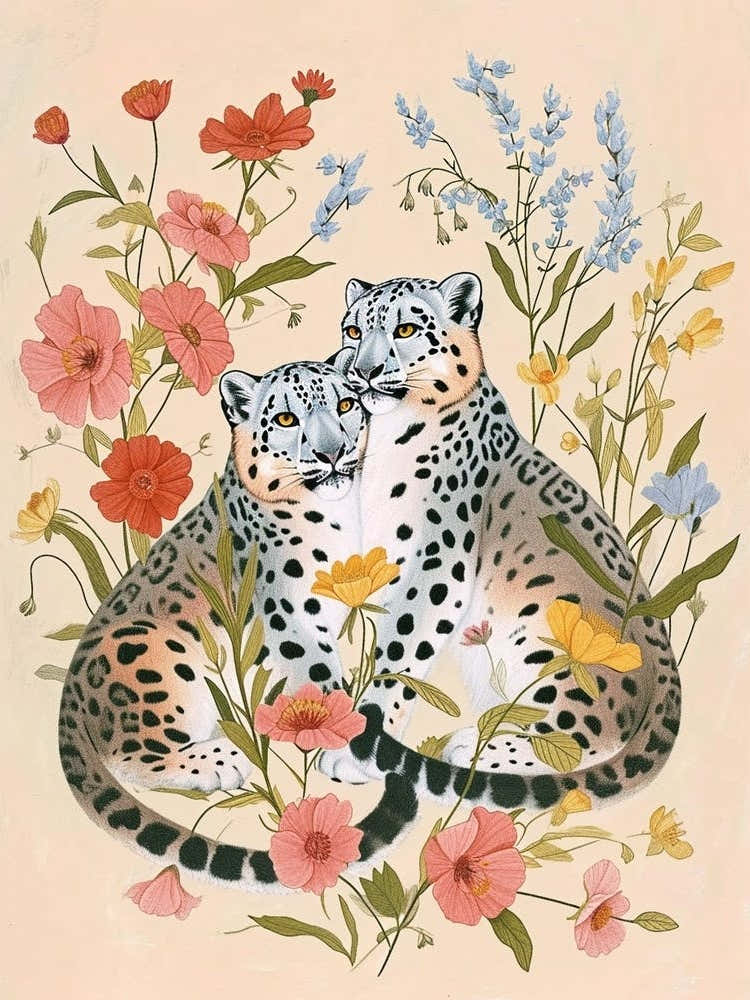 Folksy Floral Animal Drawing Snow Leopard