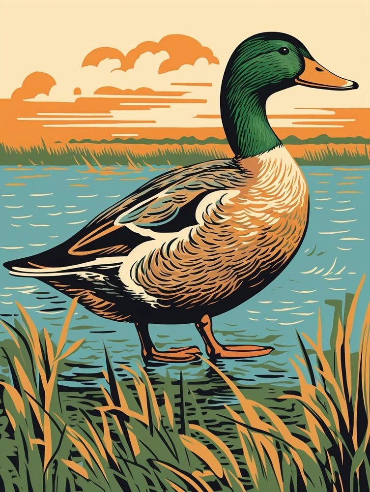 Vintage Bird Linocut Mallard Duck 2