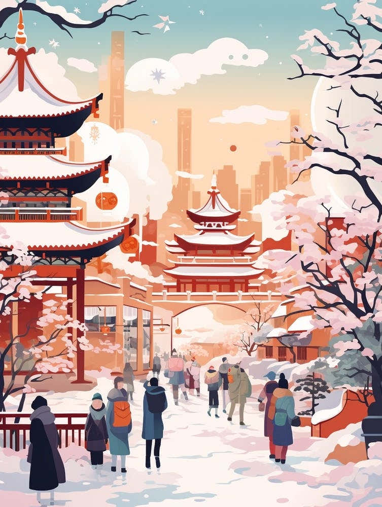 Vintage Winter Travel Illustration Sapporo Japan